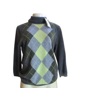 NWT, Valerie Stevens 2 ply Cashmere Turtleneck Sweater, Gray/Green in SZ Medium